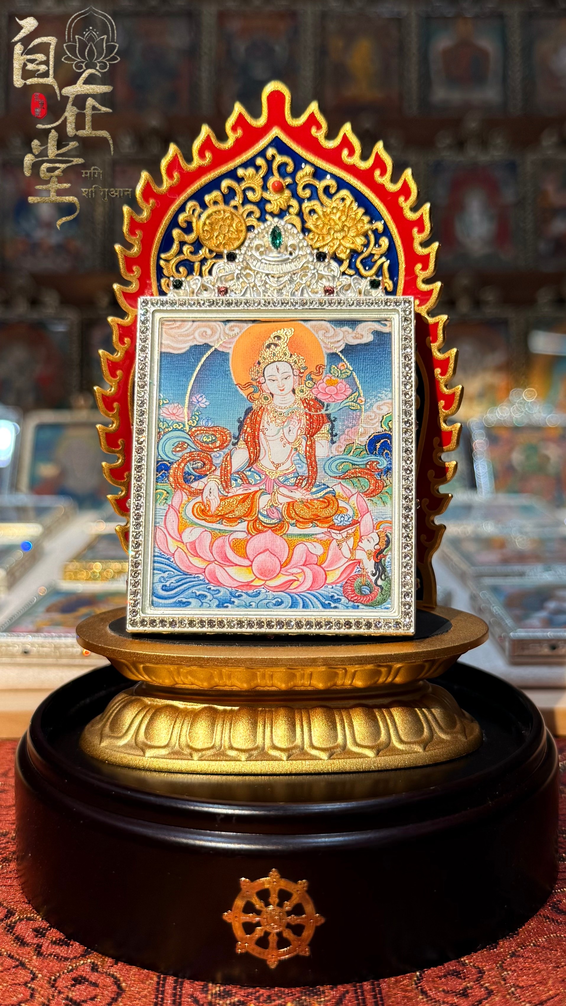 White Tārā (Dragon Girl–Inspired Imagery) | Karma Gadri School | By Deji Zhuoga (4×5 cm Mini Thangka)