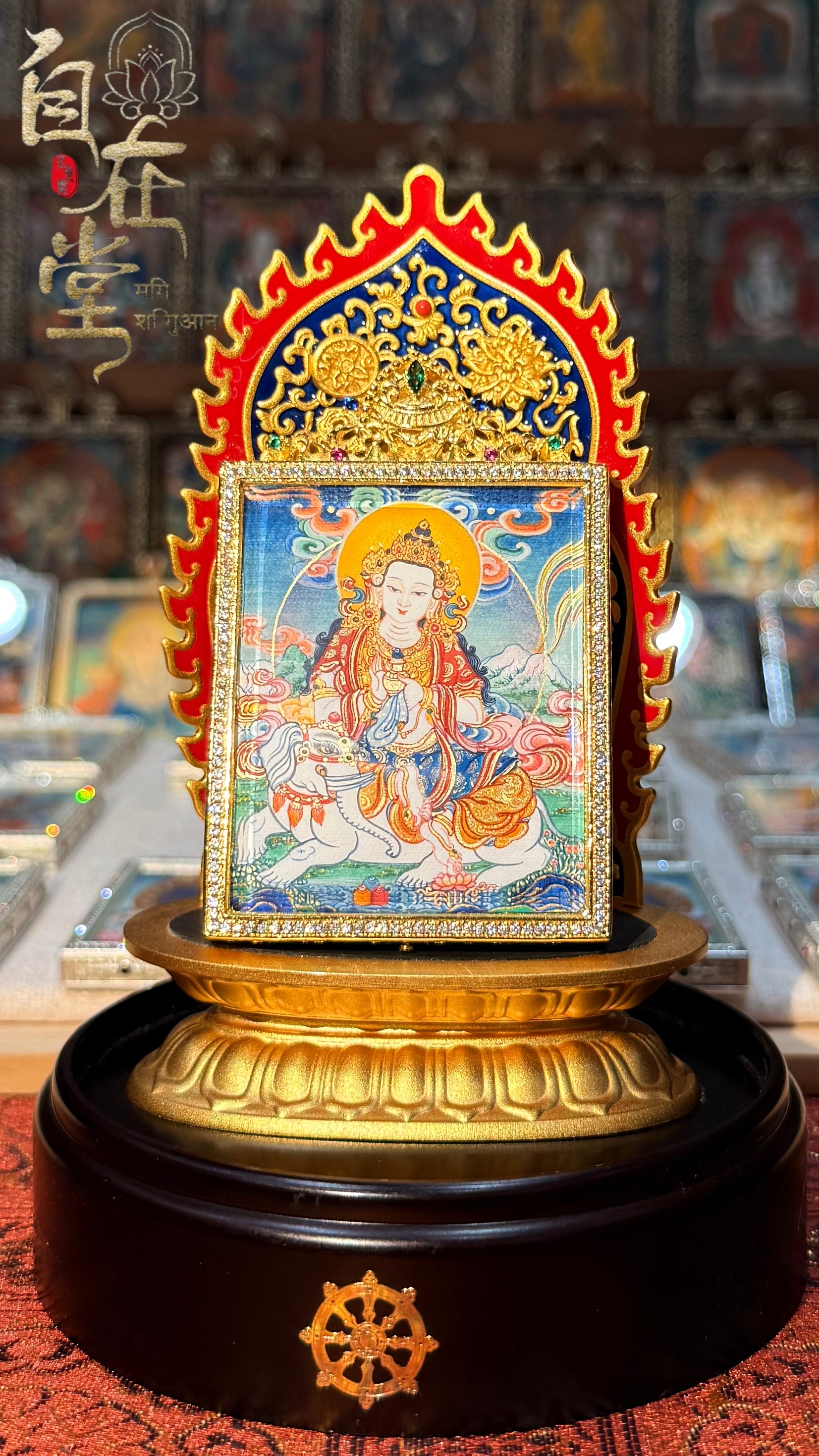 Samantabhadra Bodhisattva (Mounted on the Six-Tusked White Elephant) | Karma Gadri School | By Deji Zhuoga (4×5 cm Mini Thangka)