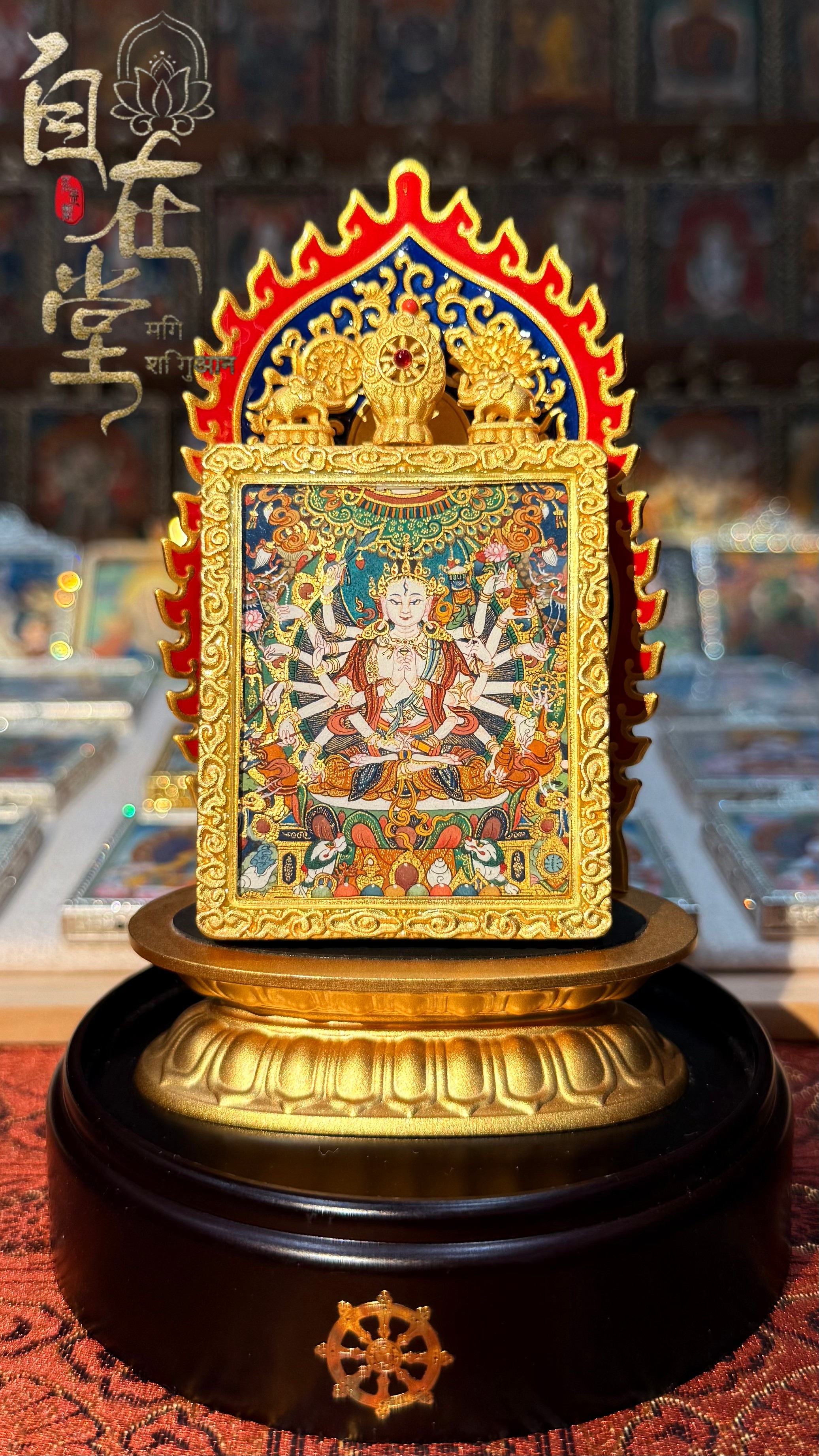 Cundī — Menri Lineage, Zidong Style Artist: Dorji Wanggyal (4×5 cm Mini Thangka)